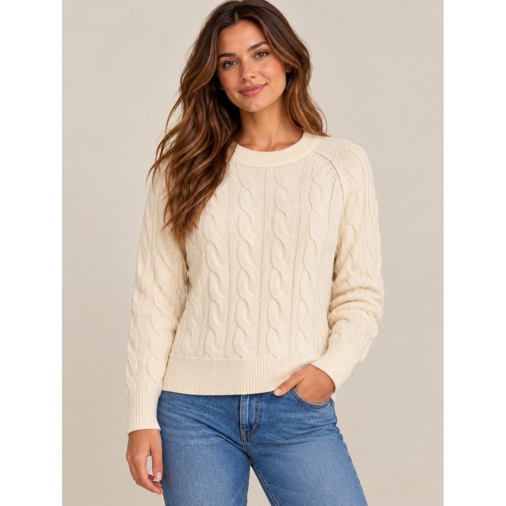 Aerie Cream Cable Knit Crew Neck Raglan Sweater Small Ivory Ivory Cottagecore